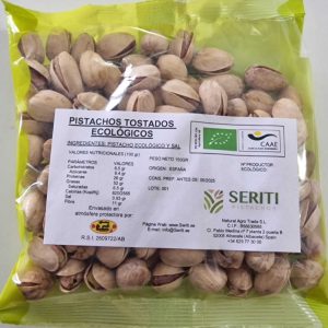 Bolsa de 150 gramos de Pistachos Tostados Ecológicos con Sal de la marca Seriti Pistachos, con etiqueta que muestra ingredientes, valores nutricionales y certificación ecológica CAAE.